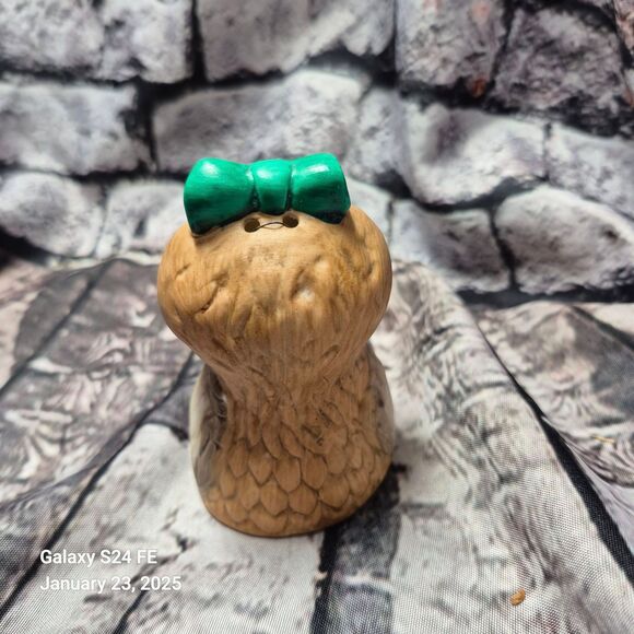 Vintage Ceramic Owl Bell Green Bow 3 Inch Brown Feathers Collectible EUC - Picture 2 of 3